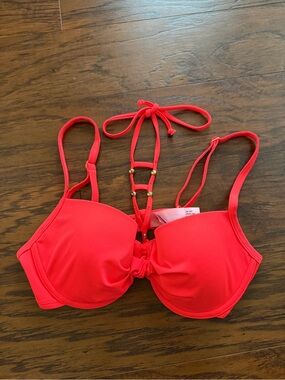 Hunkemöller Bright Coral Bikini Top with Gold Bead Detail